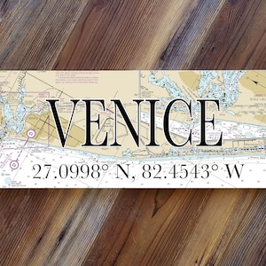 May include: Nautical chart print of Venice, Florida with the coordinates 27.0998° N, 82.4543° W. The chart shows the coastline, inlets, and waterways of the area.