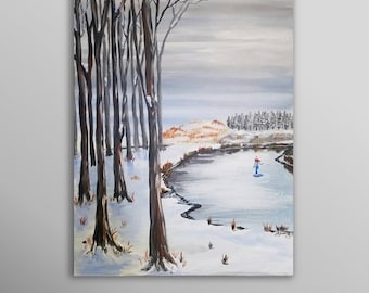 Winter Woodlands Original Artwork, Ice Skating Painting, Snowy Scene Decor, Winter Forest Handpainting, Snowfall Art, Winter Wonderland