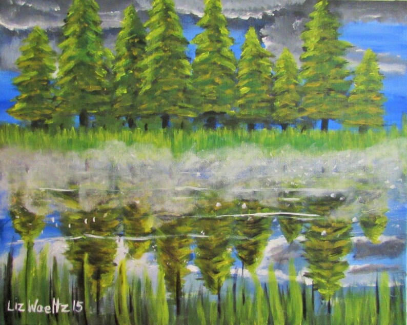 Pine Trees on River Painting, Nature Reflecting in Water Landscape ...