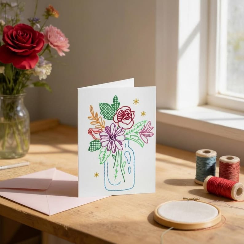 A handmade card featuring a colorful embroidered flower arrangement sits on a wooden table, accompanied by a vase of flowers, spools of thread, and a pair of scissors.