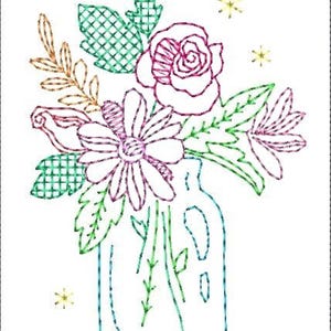 A digital file image depicting a vase filled with colorful flowers, including a rose, daisies, and other flowers, arranged in a glass jar.
