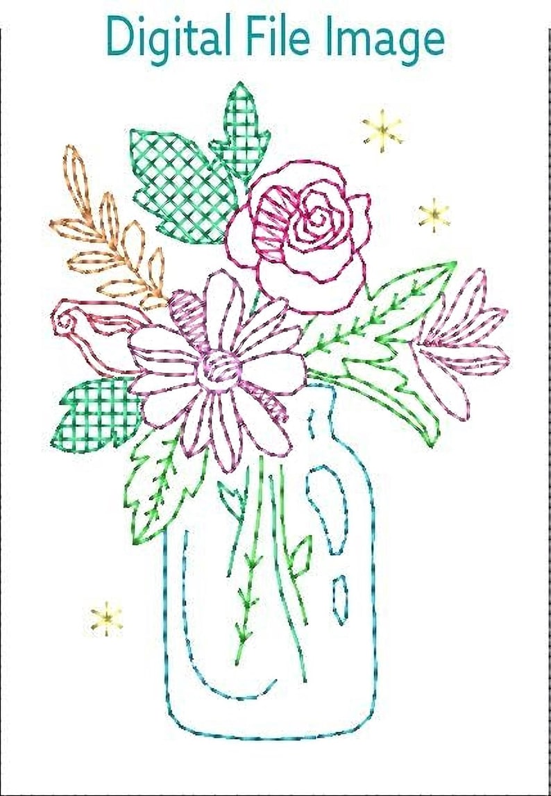 A digital file image depicting a vase filled with colorful flowers, including a rose, daisies, and other flowers, arranged in a glass jar.