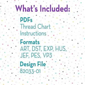 a list of what's included, including PDFs, a thread chart instructions, formats, and a design file.