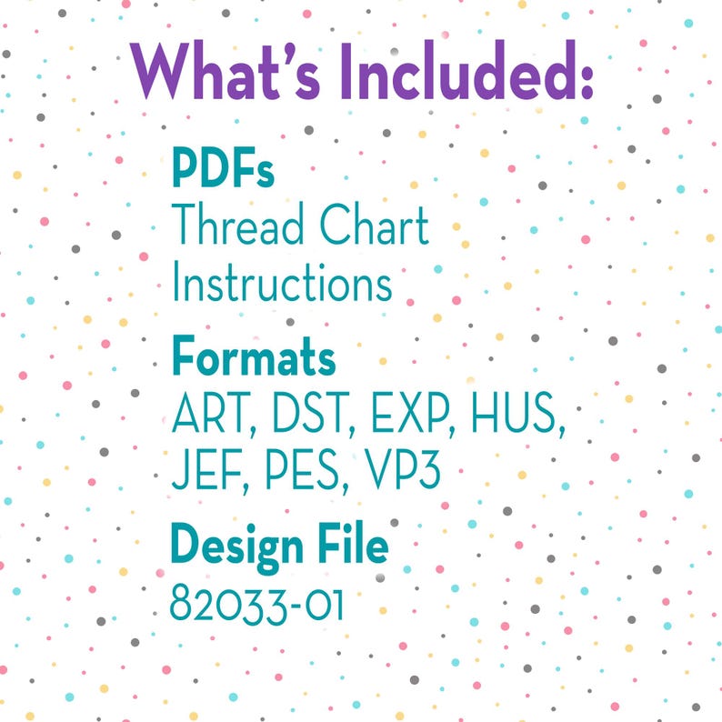 a list of what's included, including PDFs, a thread chart instructions, formats, and a design file.