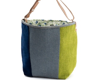 Small bucket bag "Basil", Green, Blue Jeans, Navy Blue, Canvas bag, Handbag, Shoulder bag, Top handle bag, Leather handle