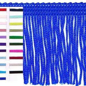May include: A close-up of a royal blue fringe trim. The trim is made of thin, soft strands of yarn. The fringe is approximately 1 inch in length.