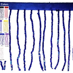 May include: A strip of blue fabric with dangling strands of blue beads. The image also shows a color chart with various bead colors, including black, red, and yellow. The text "Also in these Colors" is at the top.