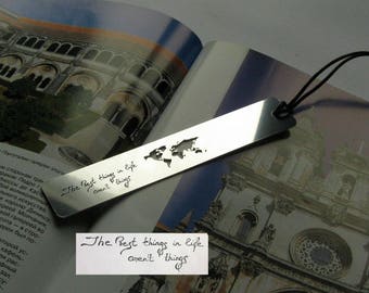 Handwritten message, actual handwriting, handwritten font, book lover gift, travel quote gift, custom bookmark, world map, handwritten