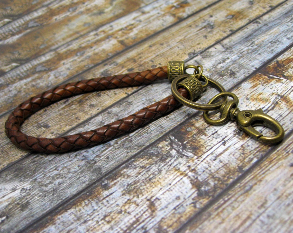 Braided leather keychain. Mens leather key fob. Mens gift. Etsy
