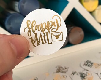 Feuille d'or Happy Mail Stickers Téléchargement instantané / Étiquettes personnalisées Paquets Emballage / Branding Mailing Shipping Ship Seals / Planner Sticker