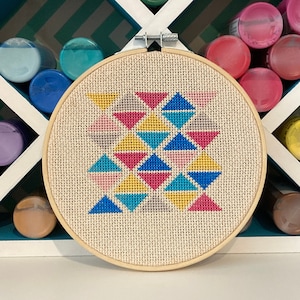 Handmade Cross Stitch Hoop: Geometric Triangles / Custom Embroidery Design Gifts / Modern Wall Decor Hoop Art / Gift Ideas for Her Mom