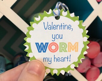 Custom Valentine Stickers: WORM My Heart Valentine's Day / Gummy Card Tags Favors Bag Supplies / Classroom Class Template Printable Download