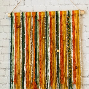 Custom Boho Yarn Hanging: Green & Orange / Handmade Bohemian Wall Decor / Macrame Tapestry Fiber Art Tassel / Gift Idea for Women Mom Friend image 1