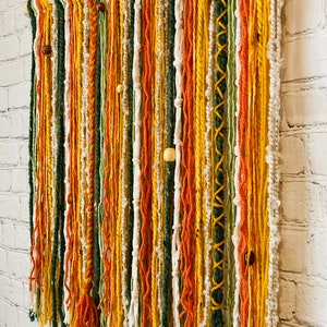 Custom Boho Yarn Hanging: Green & Orange / Handmade Bohemian Wall Decor / Macrame Tapestry Fiber Art Tassel / Gift Idea for Women Mom Friend image 3