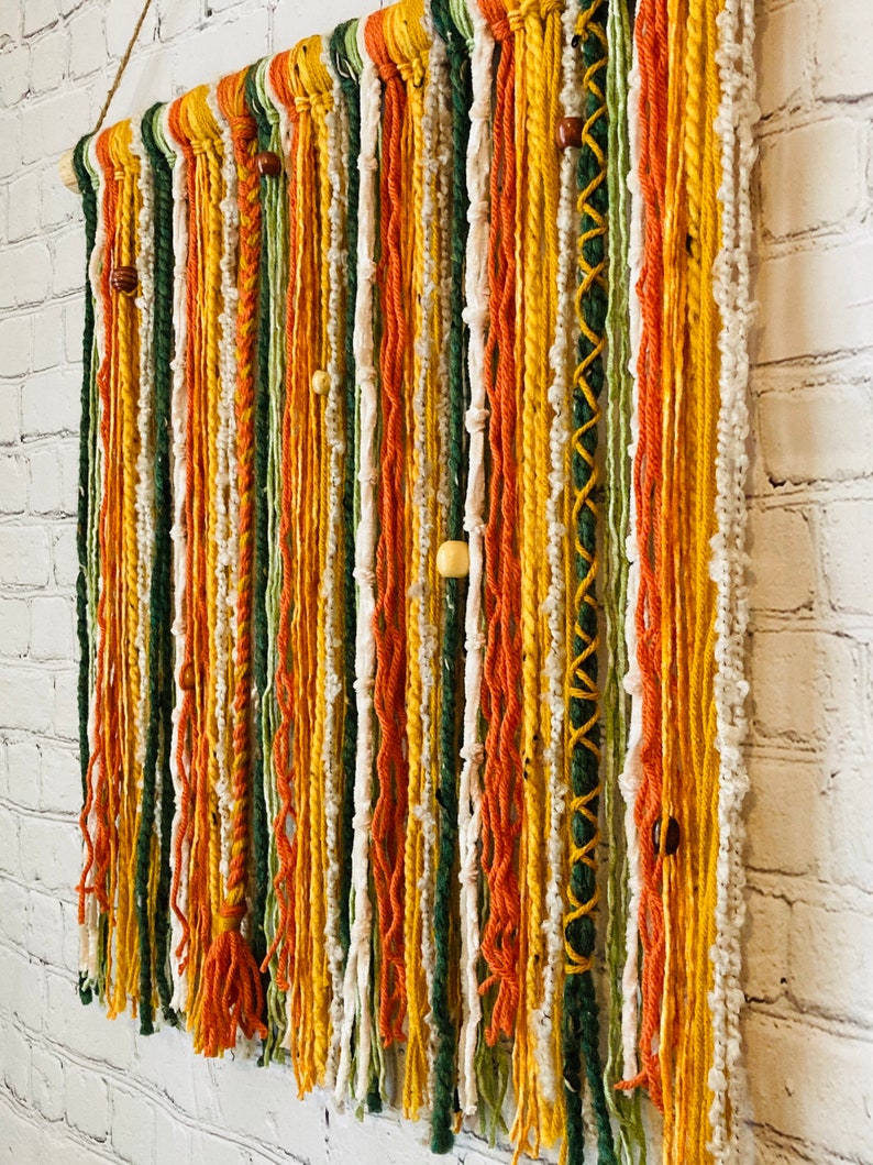 Custom Boho Yarn Hanging: Green & Orange / Handmade Bohemian Wall Decor / Macrame Tapestry Fiber Art Tassel / Gift Idea for Women Mom Friend image 3