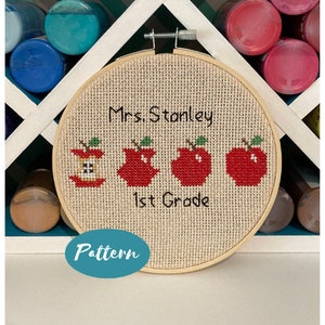 Beginner Cross Stitch Pattern: Apples / Personalized Teacher Name Gift Ideas / Custom Modern Embroidery Design / DIY Craft Kits for Adults