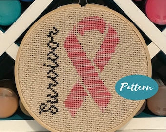 Beginner Cross Stitch Pattern: Breast Cancer Ribbon / Survivor Gift Pink / Custom Embroidery Design Kit / DIY Craft Kits for Adults / Hoop