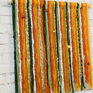 Custom Boho Yarn Hanging: Green & Orange / Handmade Bohemian Wall Decor / Macrame Tapestry Fiber Art Tassel / Gift Idea for Women Mom Friend image 2