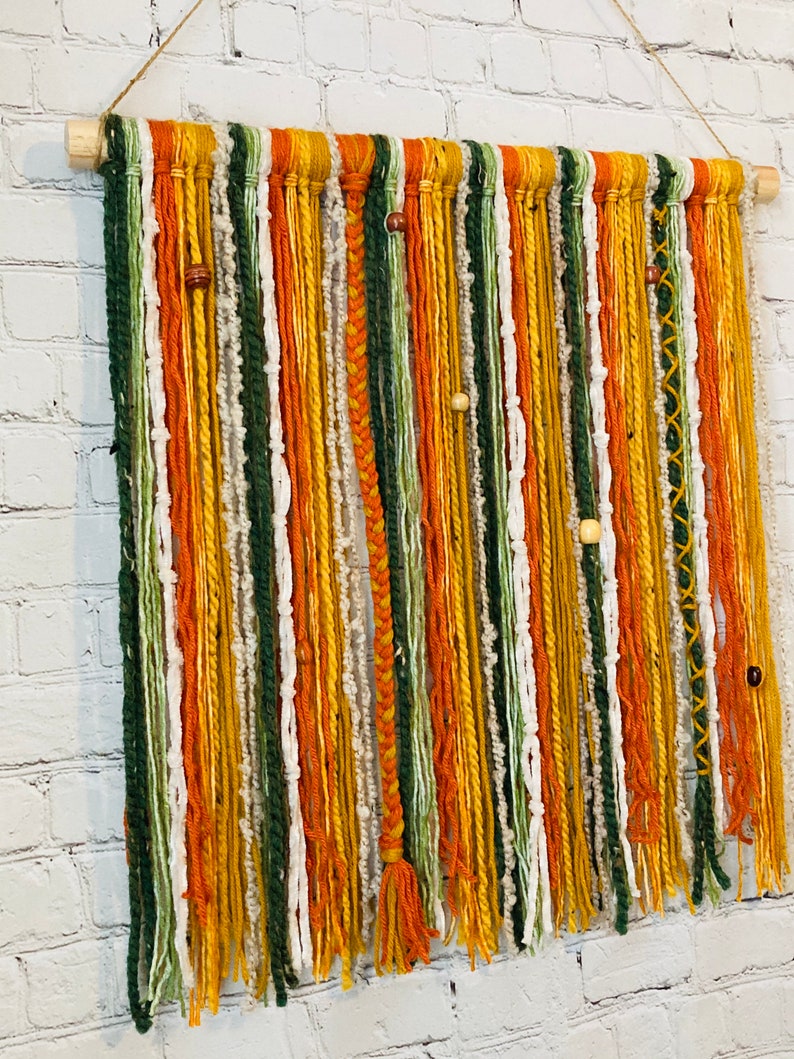 Custom Boho Yarn Hanging: Green & Orange / Handmade Bohemian Wall Decor / Macrame Tapestry Fiber Art Tassel / Gift Idea for Women Mom Friend image 2