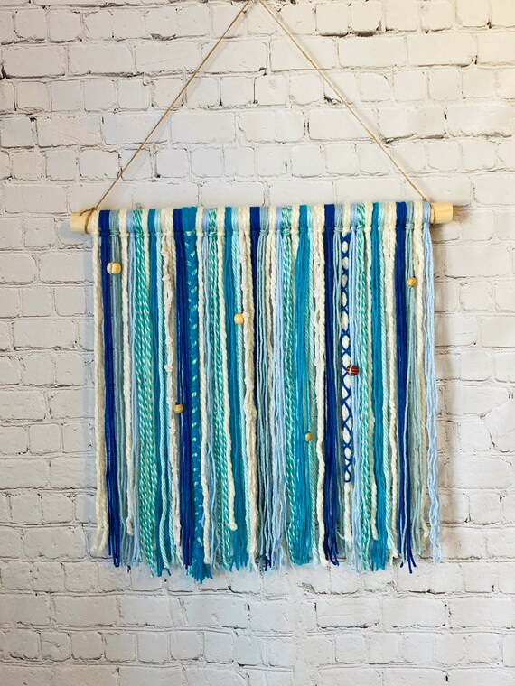 Custom Boho Yarn Hanging: Blue Hues / Handmade Bohemian Wall Decor / Macrame Tapestry Fiber Art Tassel / Gift Ideas for Women Mom Friend Il_570xn