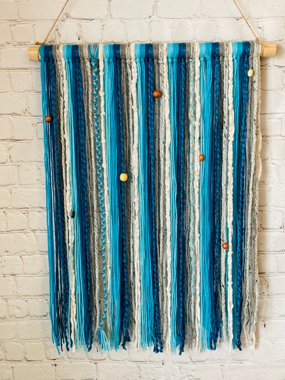 Custom Boho Yarn Hanging: Blue and Gray / Handmade Bohemian Wall Decor / Macrame Tapestry Fiber Art Tassel / Gift Ideas for Women Mom Friend Il_570xn