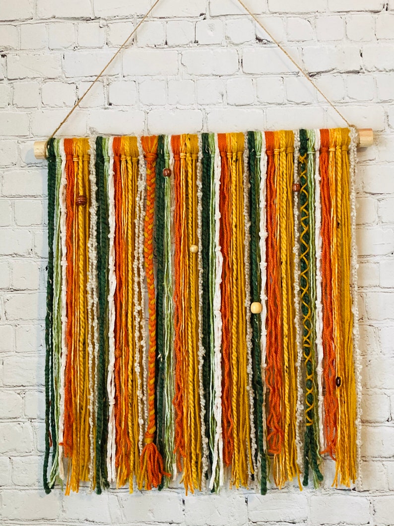 Custom Boho Yarn Hanging: Green & Orange / Handmade Bohemian Wall Decor / Macrame Tapestry Fiber Art Tassel / Gift Idea for Women Mom Friend image 1