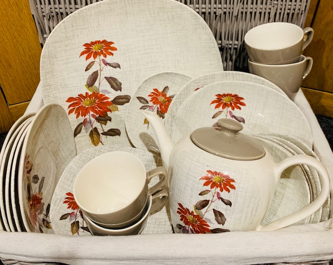 J&G Meakin Poinsettia "Flamenco" Pattern Coffee and Tea Service Pieces in Red and Grey on the Lyric Shape - Pot, Cups, Saucers, Plates