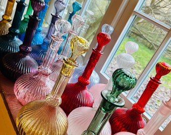 Vintage Italian Empoli Genie Bottles in the Hot Air Balloon Style in Red, Pink, Blue, Olive, Clear & Frosted Glass
