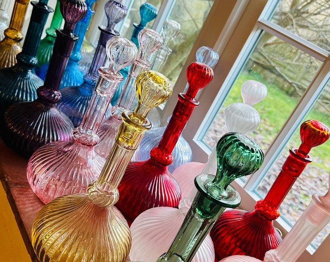 Vintage Italian Empoli Genie Bottles in the Hot Air Balloon Style in Red, Pink, Lilac Neo, Blue, Olive, Clear & Frosted Glass