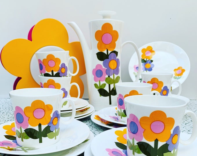 Dolly Days Coffee Set - 21 Pieces In Mary Quant-Style Orange, Purple & Pink Flower Power Daisy Design by John Russell for Hostess Tableware