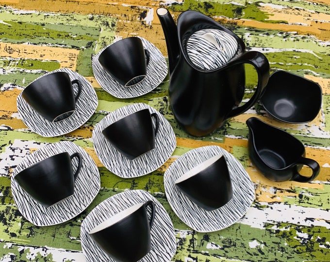 Midwinter Tonga Coffee Set for Six, 1950s Design By Jessie Tait, Black And White Coffee Pot, Cups, Saucers, Milk and Sugar