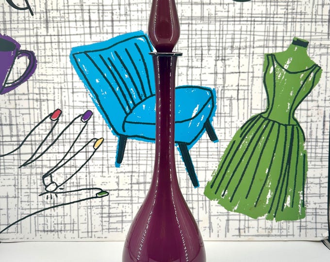 Empoli Cased Genie Bottle In Purple - Vintage Italian Decorative Decanter with Original Glass Stopper