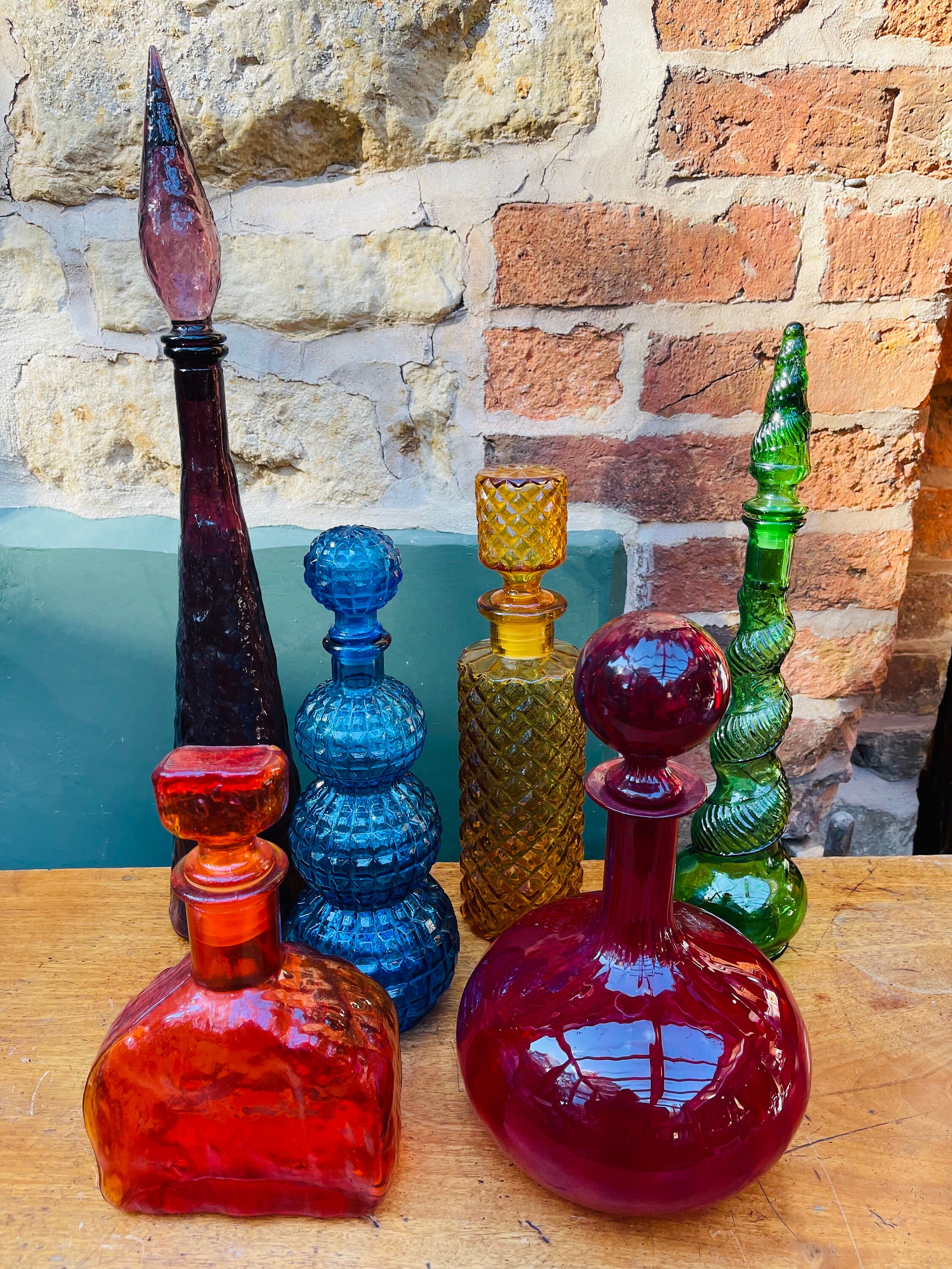 Genie Bottle Decanter in Blue Vintage Italian Empoli Glass Triple