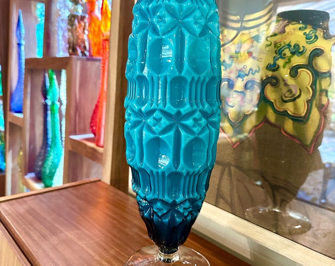 Empoli Tiki Vase in Cased Turquoise Glass with Textured Geometric Pattern