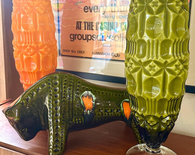 Empoli Tiki Vases by STELVIA in Cased Olive and Orange Glass with Textured Geometric Pattern