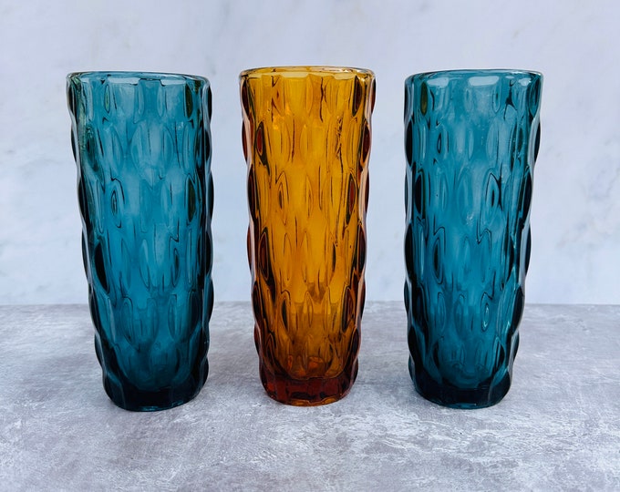 Zabkowice Optical Cylinder Vase No. 6049, Designed by Jan Sylwester Drost, Mid Century Polish Glass 20cm Tall in Teal & Amber