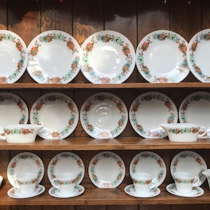 Pyrex Tempo/&#39;Carnaby&#39; Pattern Tea Set & Tableware Pieces, inc. Soup Bowls, Cups, Plates, Milk Jug, Sugar Bowls in Orange Green Blue Design