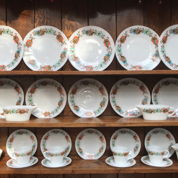 Pyrex Tempo/'Carnaby' Pattern Tea Set & Tableware Pieces, inc. Soup Bowls, Cups, Plates, Milk Jug, Sugar Bowls in Orange Green Blue Design