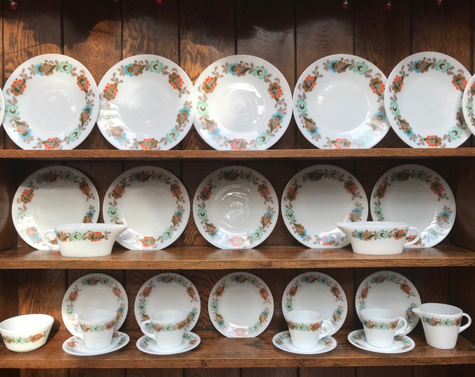 Pyrex Tempo/'Carnaby' Pattern Tea Set & Tableware Pieces, inc. Soup Bowls, Cups, Plates, Milk Jug, Sugar Bowls in Orange Green Blue Design