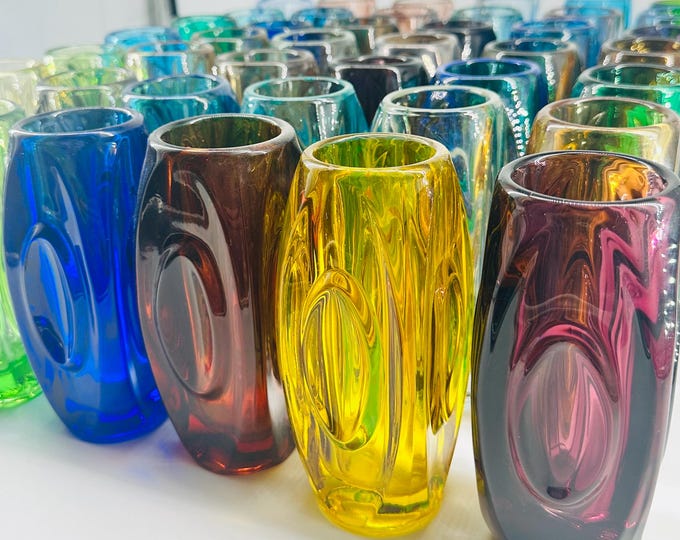 Rosice Sklo 6"/15cm Lens or Bullet Vases Mid Century Czech Pressed Glass designed by Rudolf Schröter Pattern no 914