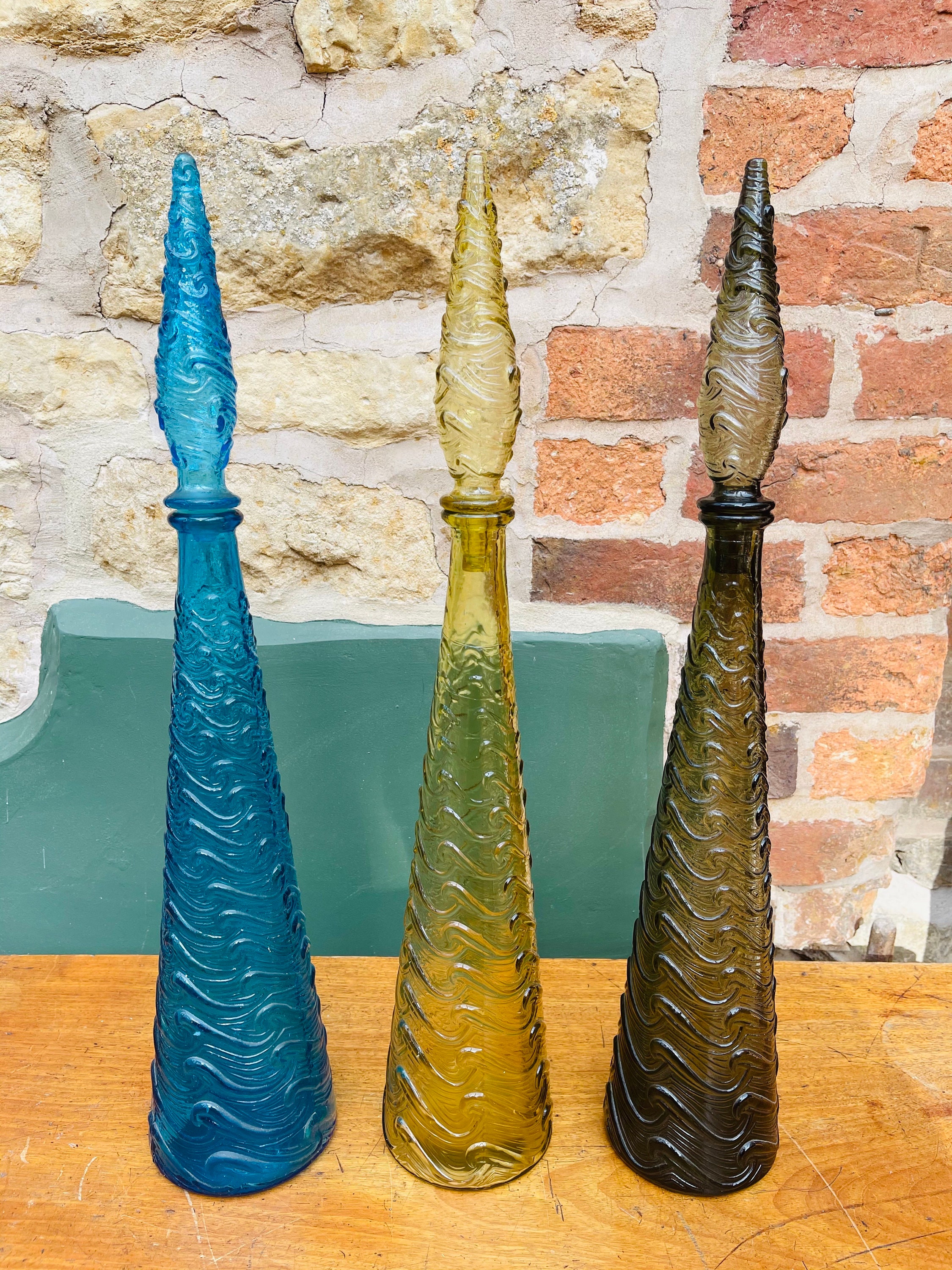 Italian Genie Bottles in the Wave Pattern Vintage Empoli Glass