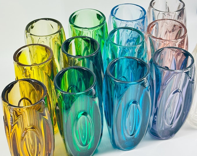 Rosice Sklo 8"/20cm larger Lens or Bullet Vases Mid Century Czech Pressed Glass designed by Rudolf Schröter Pattern no 914