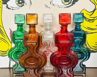 Empoli &#39;Helena&#39; Genie Bottles - Vintage Italian Glass Geometric Decanters in Green and Clear Inspired By Helena Tynell