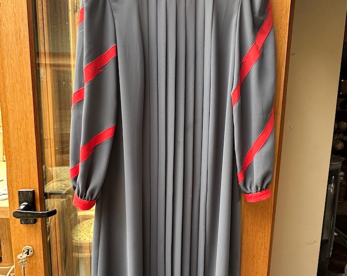 Vintage 1980s Grey & Red Condici Occasion Dress with Lightning Flash Sleeve Detail Bowie Ziggy Stardust UK Size 14/16