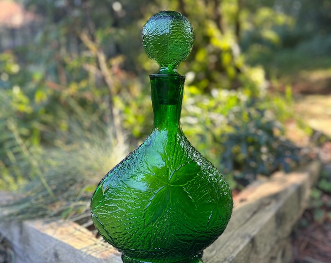 Maple Leaf Decanters - Heavy Vintage Textured Glass Genie Bottles with Round Stoppers in Amber, Green