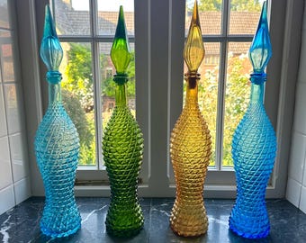 Empoli Pineapple Genie Bottles - Vintage Italian Glass Decorative Decanters in Blue, Green & Amber