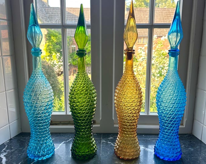 Empoli Pineapple Genie Bottles - Vintage Italian Glass Decorative Decanters in Blue, Green & Amber