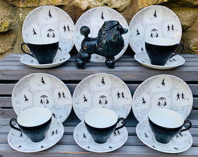 Swinnertons Springtime Poodle Design in Black and White - Kitsch 1950s Monochrome Teacups, Saucers and Plates