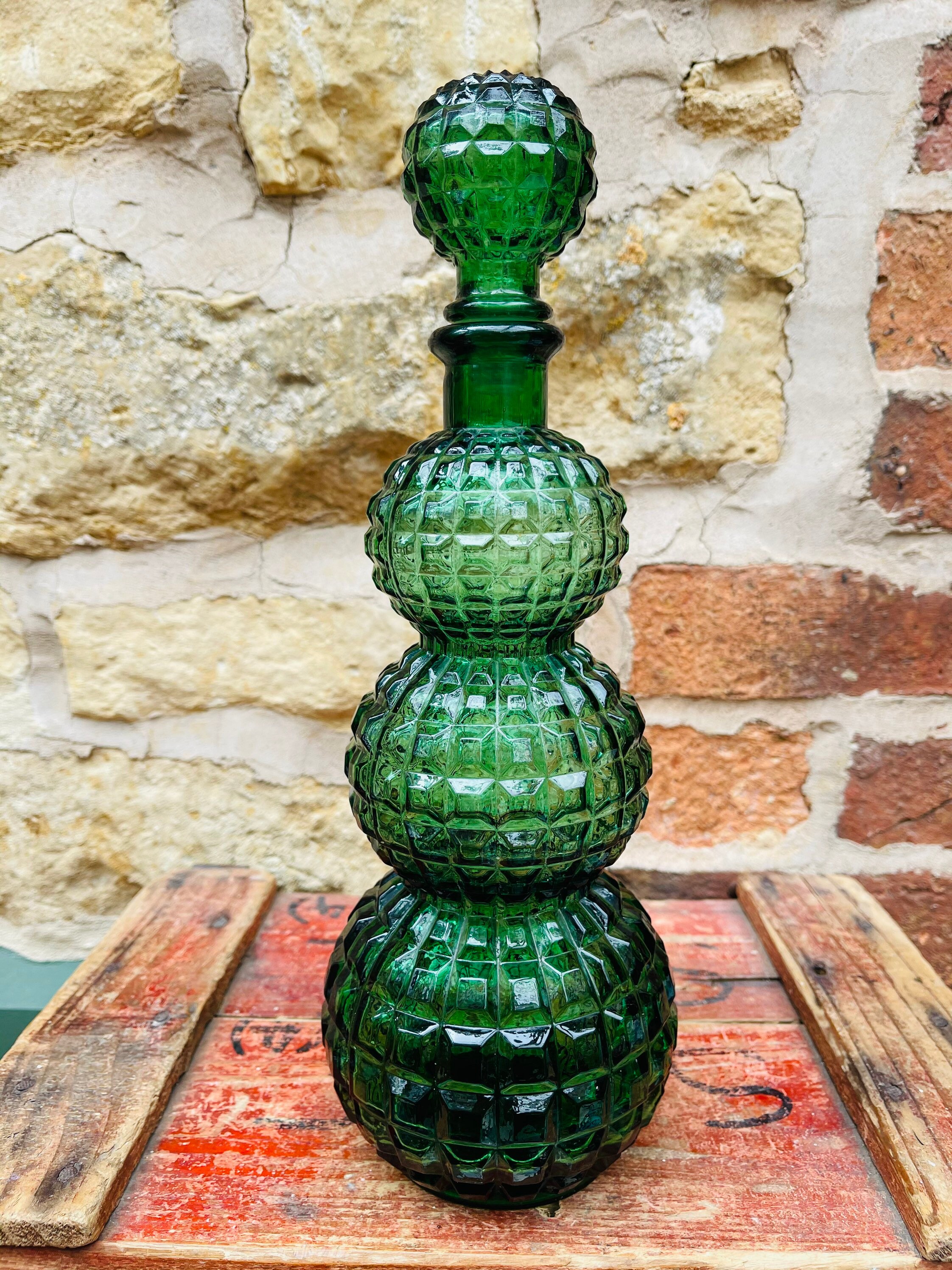 Genie Bottle Decanter in Green Vintage Italian Empoli Glass Triple Gourd Shape with Chunky