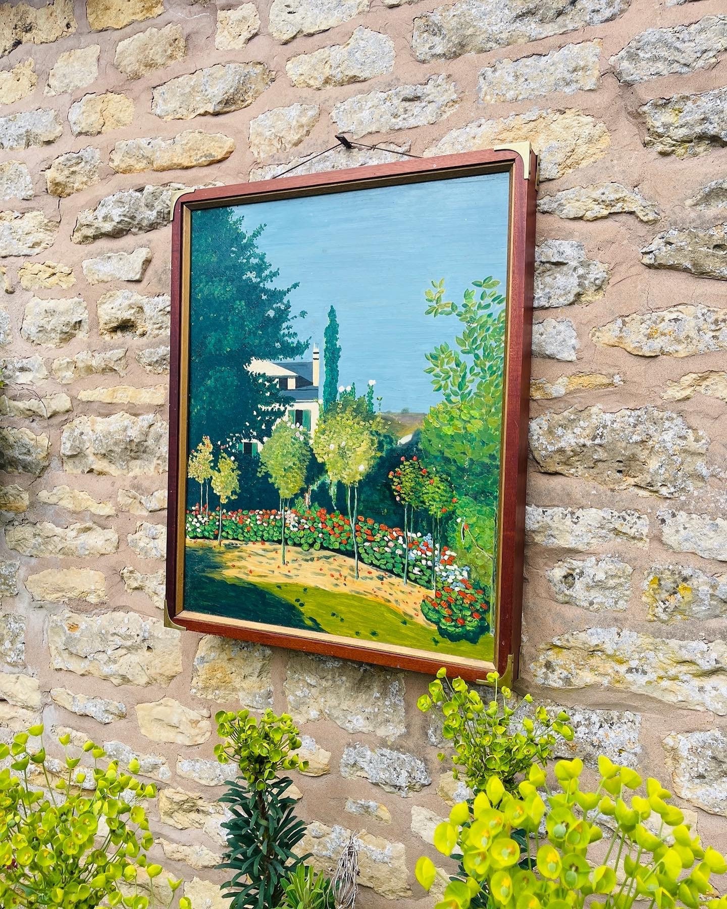 1970s Colourful Framed Painting Rose Garden with Modernist House